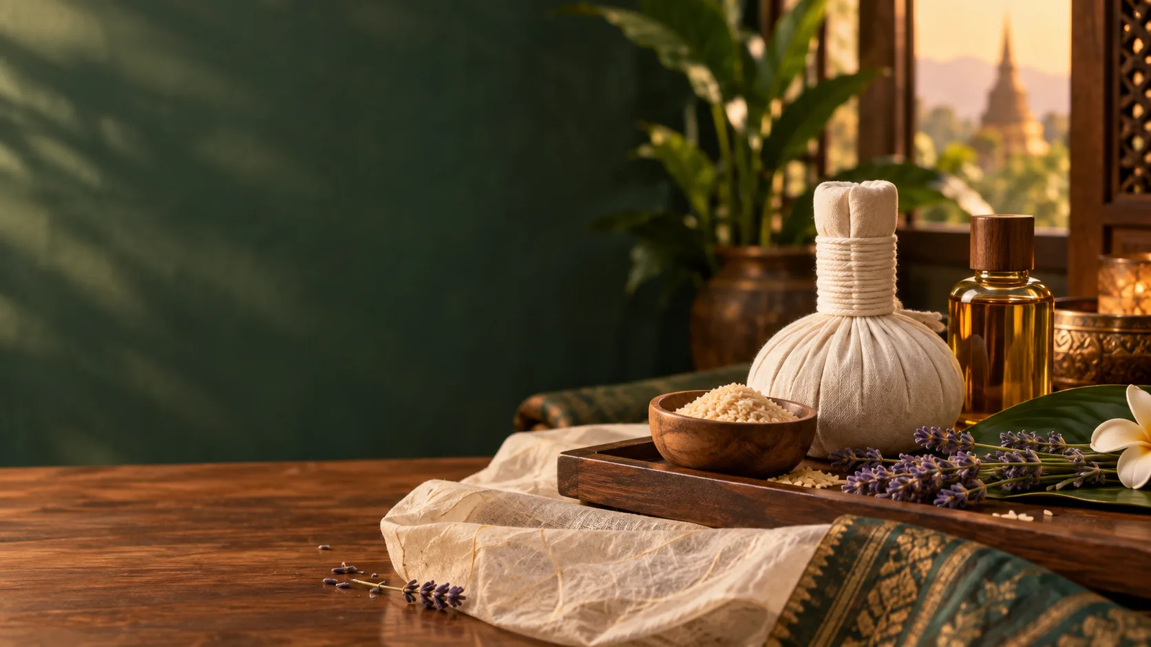 Warm Thai massage spa still life with a herbal compress, massage oil, rice bran and lavender